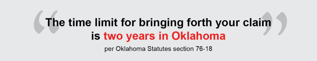 The time limit for bringing forth your claim is two years in Oklahoma, per Oklahoma Statutes section 76-18.